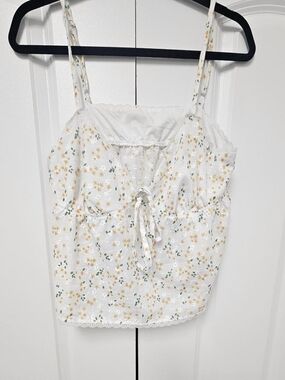Floral Lace-Trim White Cami Top with Yellow & Green Print (With Free A GIFT)